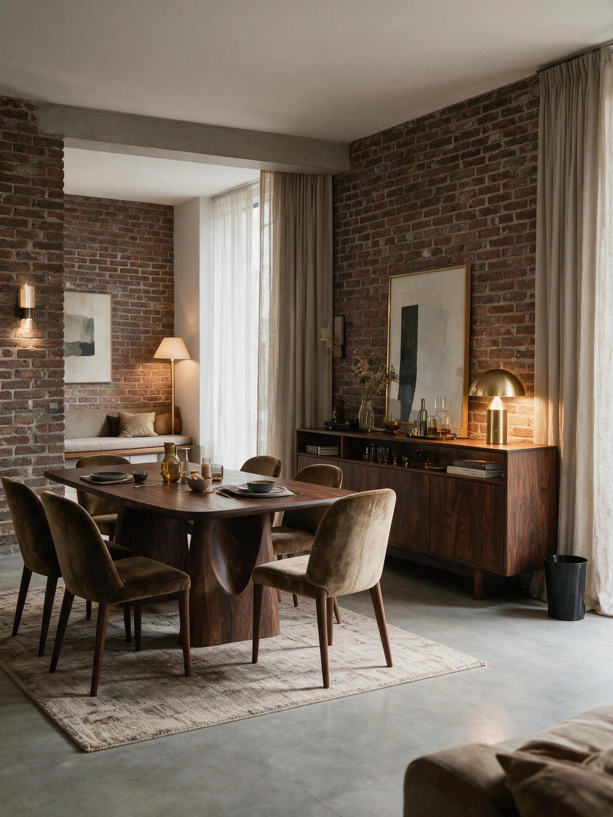 Lampe champignon CÈPE dorée sur un buffet en bois, salle à manger — Maison Beaurel
