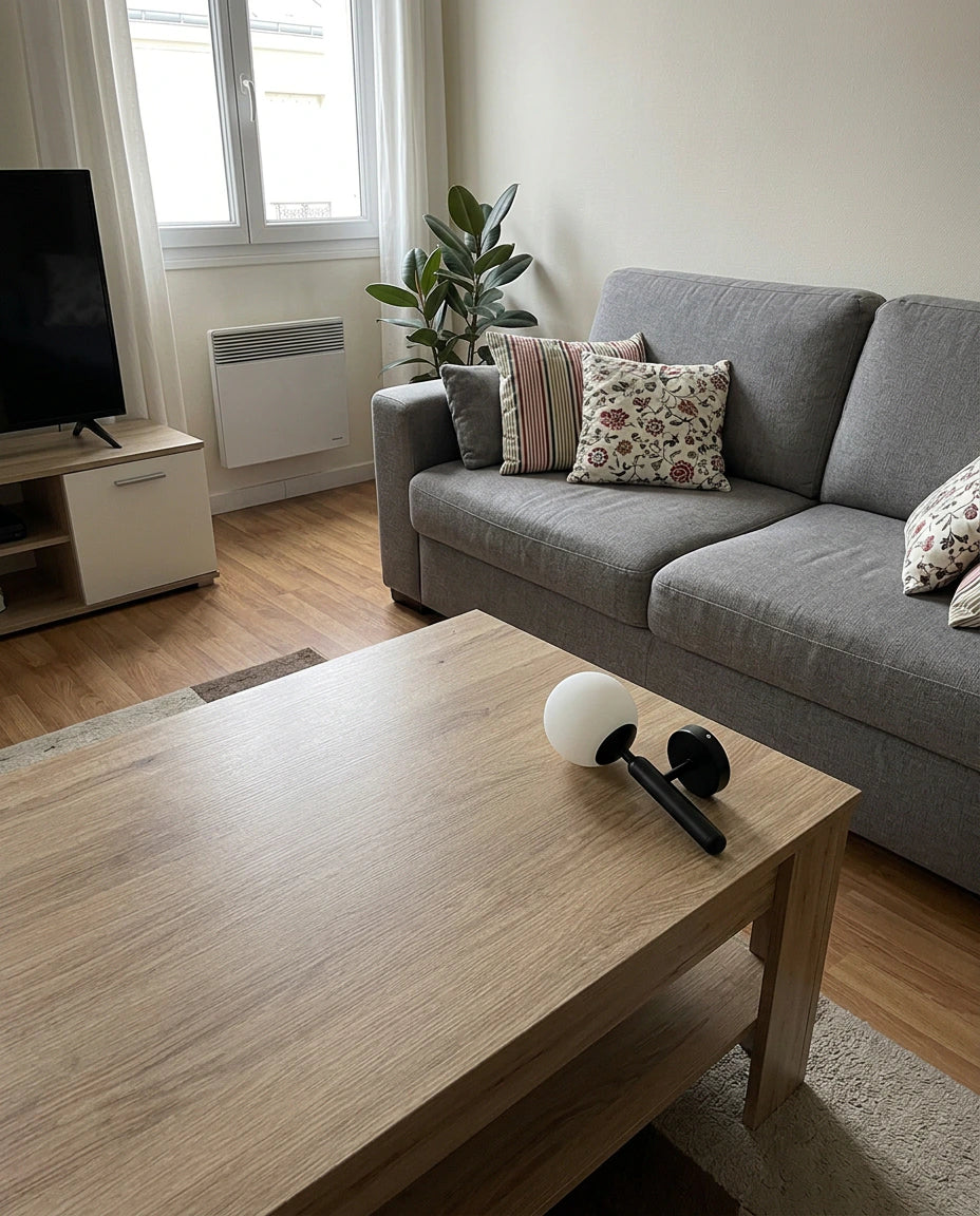 Applique murale SOLIS en métal — gros plan sur une table basse avec l'applique en arrière-plan flou — Maison Beaurel
