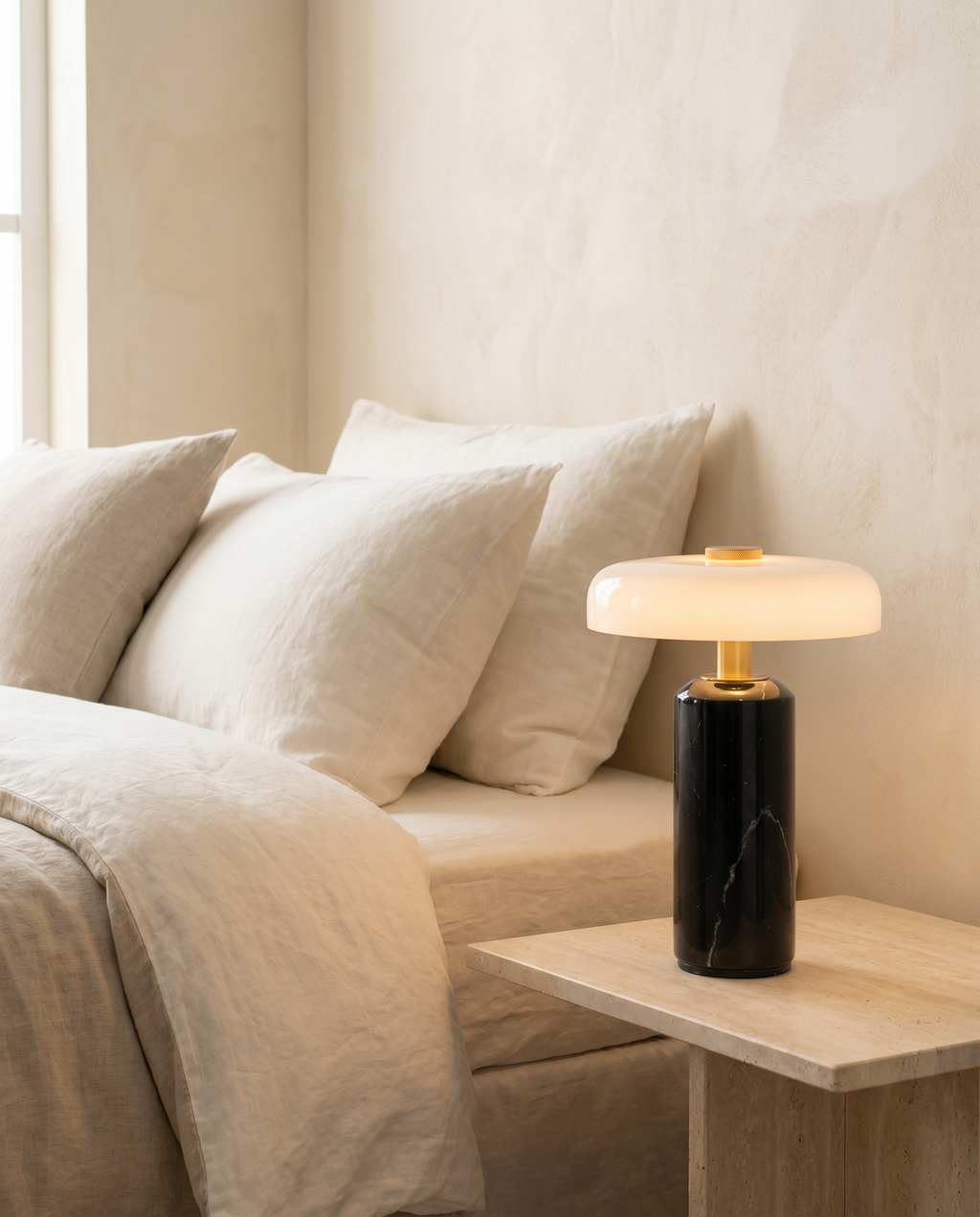 Lampe SÉLÈNE en marbre noir utilisée comme lampe de chevet dans une chambre douce