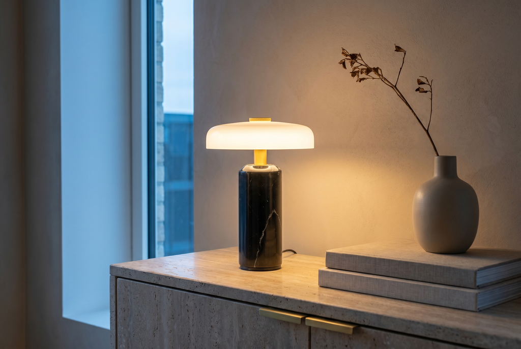 Ambiance Maison Beaurel : lampe SÉLÈNE allumée sur une console à l'heure bleue
