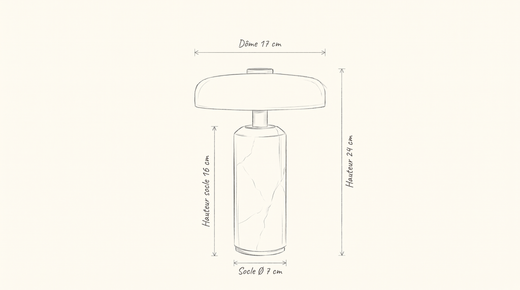 Dimensions de la lampe SÉLÈNE : hauteur 24 cm, dôme 17 cm, socle 7 cm de diamètre