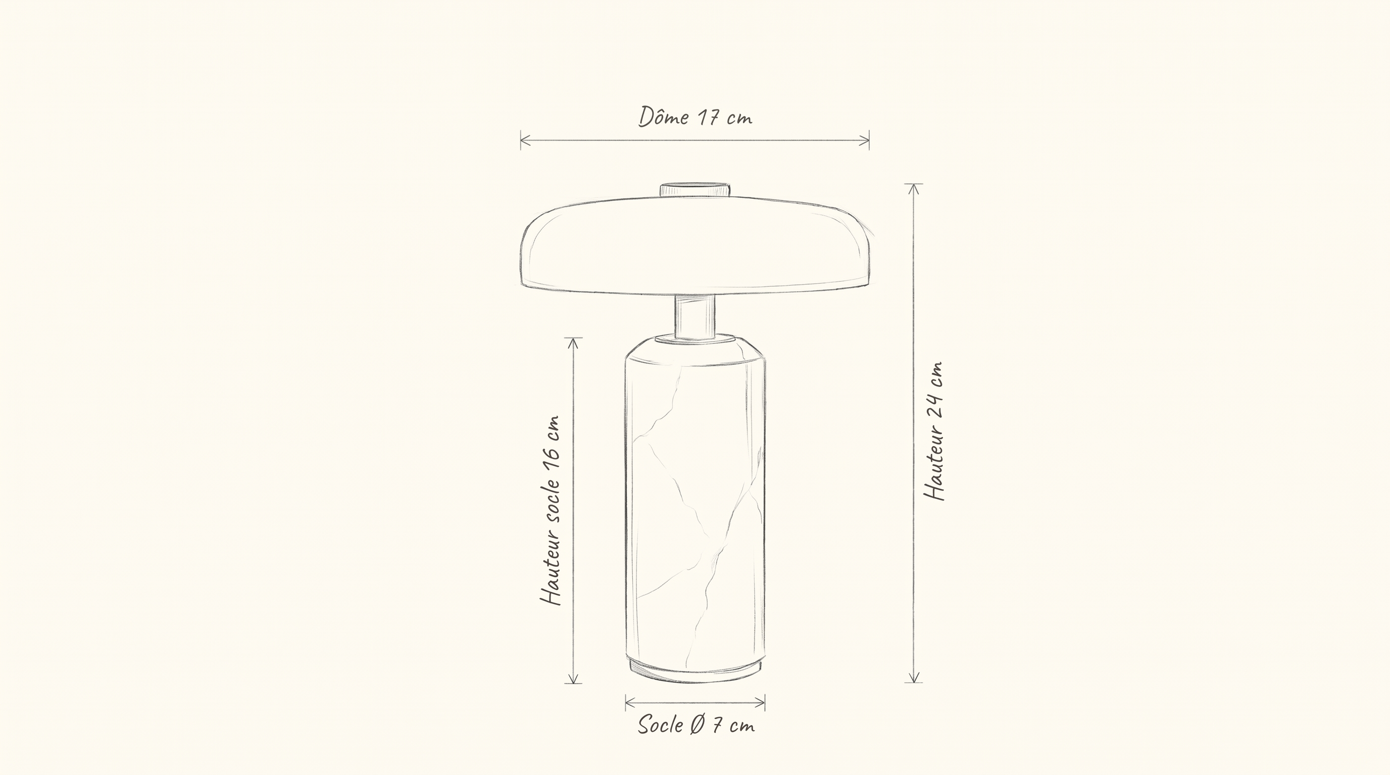 Dimensions de la lampe SÉLÈNE : hauteur 24 cm, dôme 17 cm, socle 7 cm de diamètre