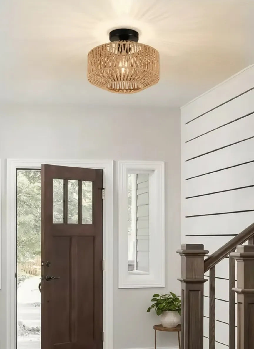 Médina, plafonnier en rotin tressé — mise en situation | Maison Beaurel