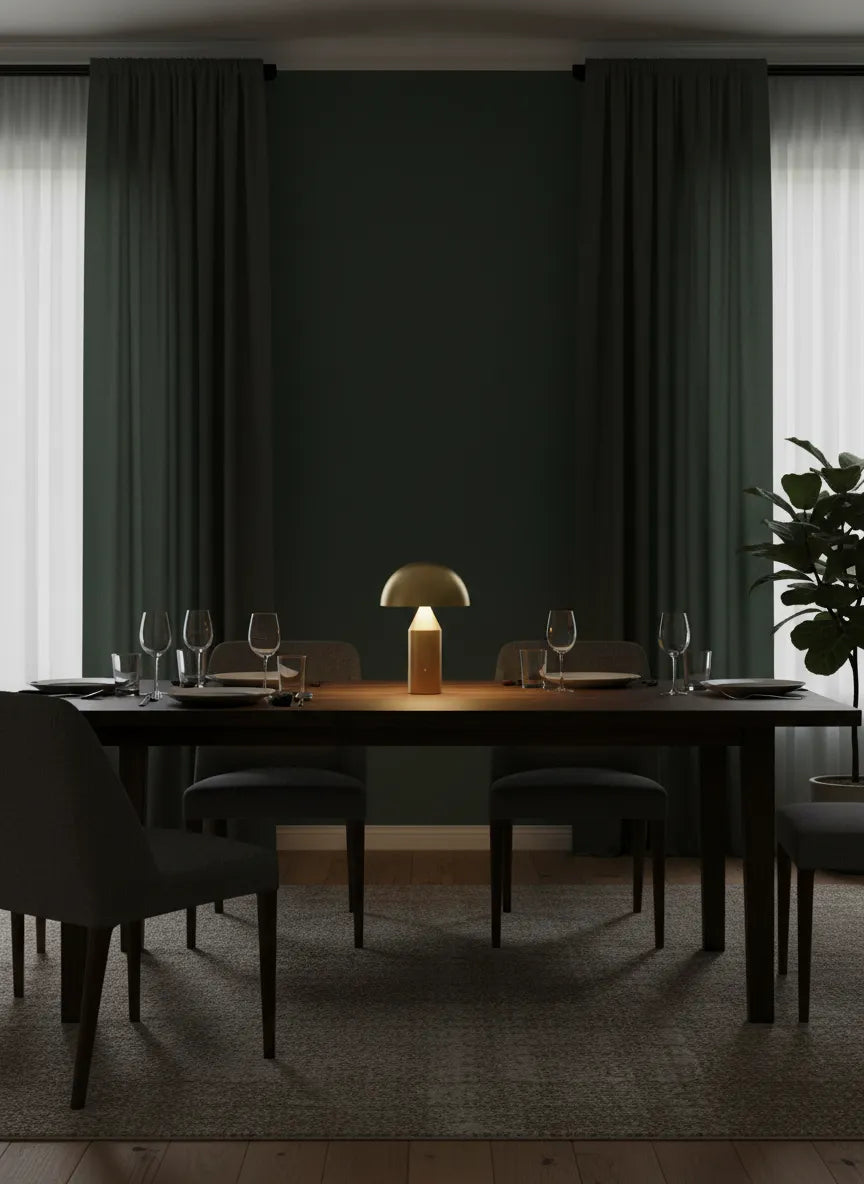 CÈPE — Lampe dorée allumée au centre d'une table dressée, ambiance tamisée