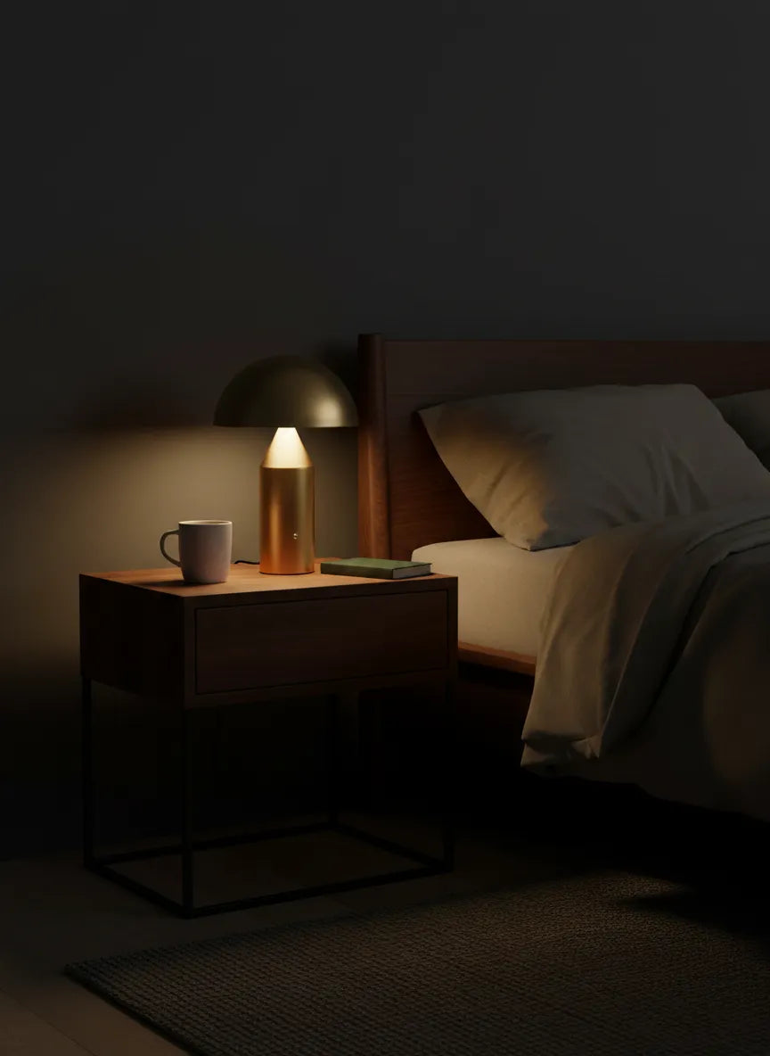 CÈPE — Lampe dorée allumée sur une table de chevet, ambiance nuit
