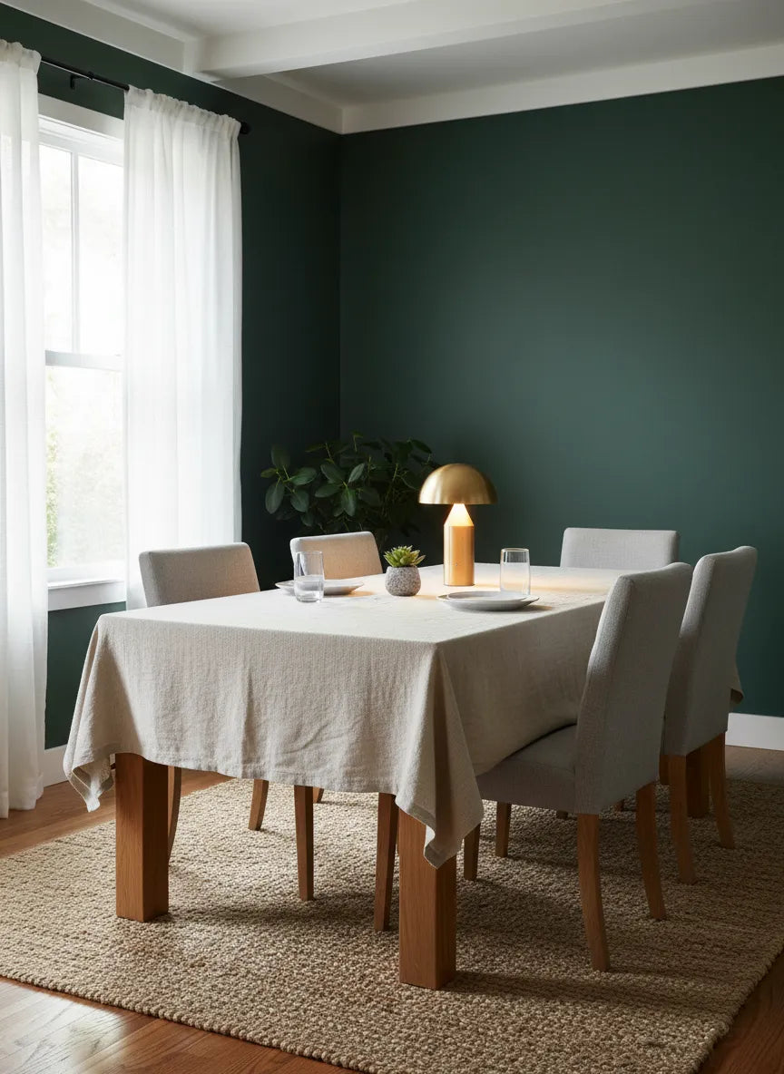 CÈPE — Lampe dorée allumée sur une table de salle à manger, mur vert
