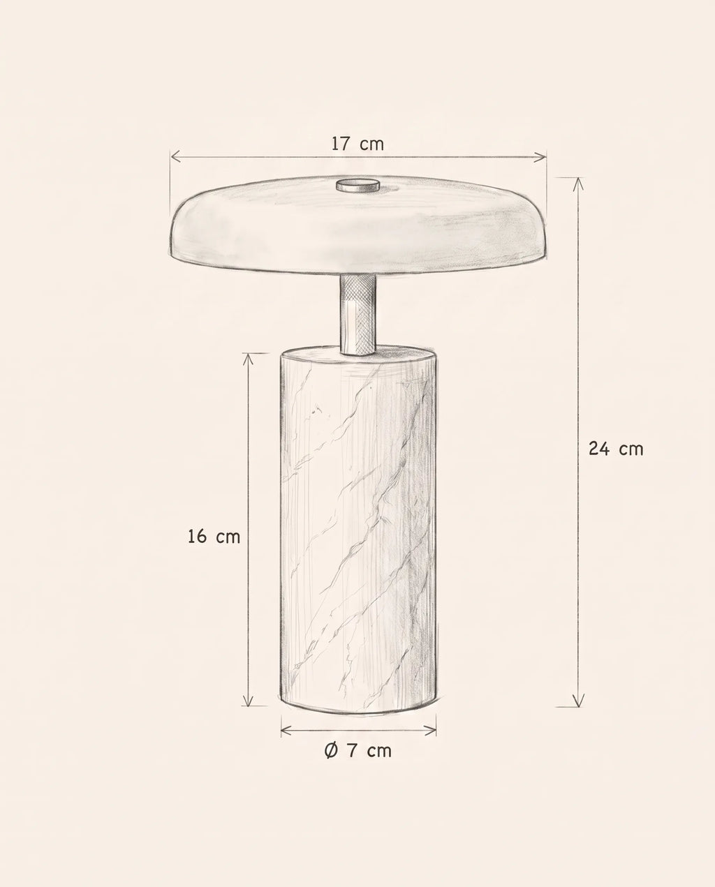 Schéma technique et dimensions — Sélène, lampe à poser en marbre et verre opalin | Maison Beaurel