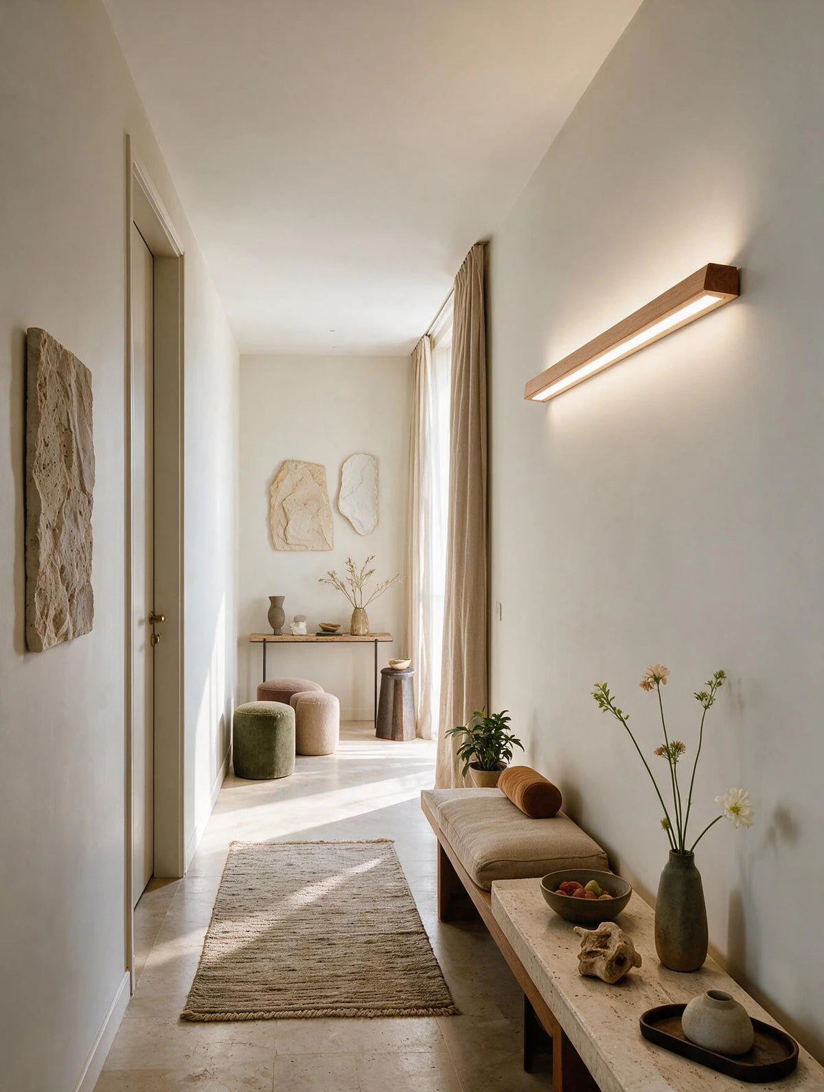 LATTE, applique murale en bois, allumée dans une entrée avec console | Maison Beaurel