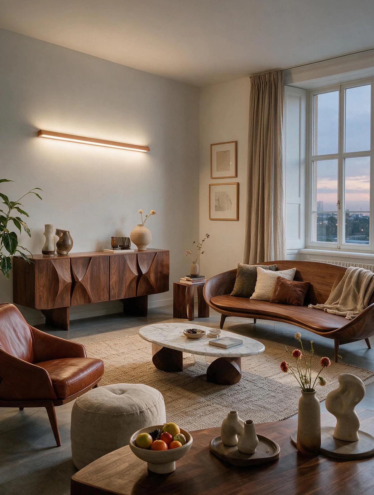 LATTE, applique murale en bois, allumée dans un salon lumineux | Maison Beaurel