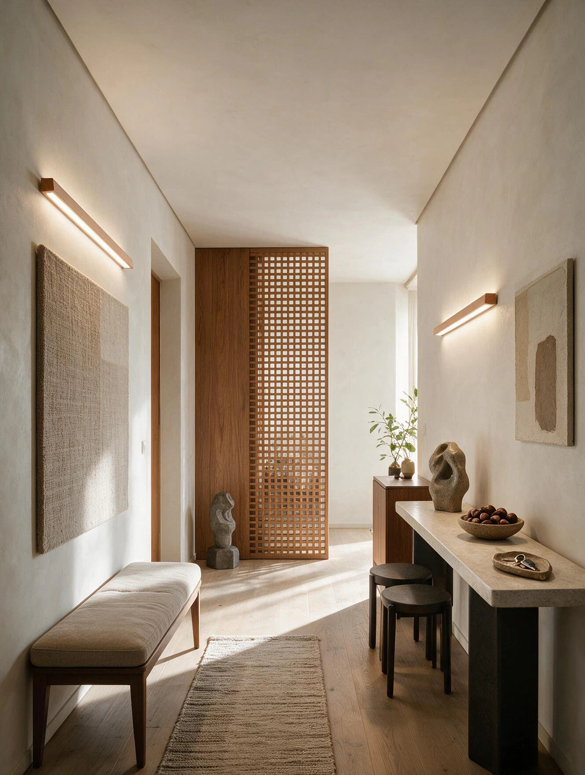 LATTE, applique murale en bois, allumée dans une entrée | Maison Beaurel