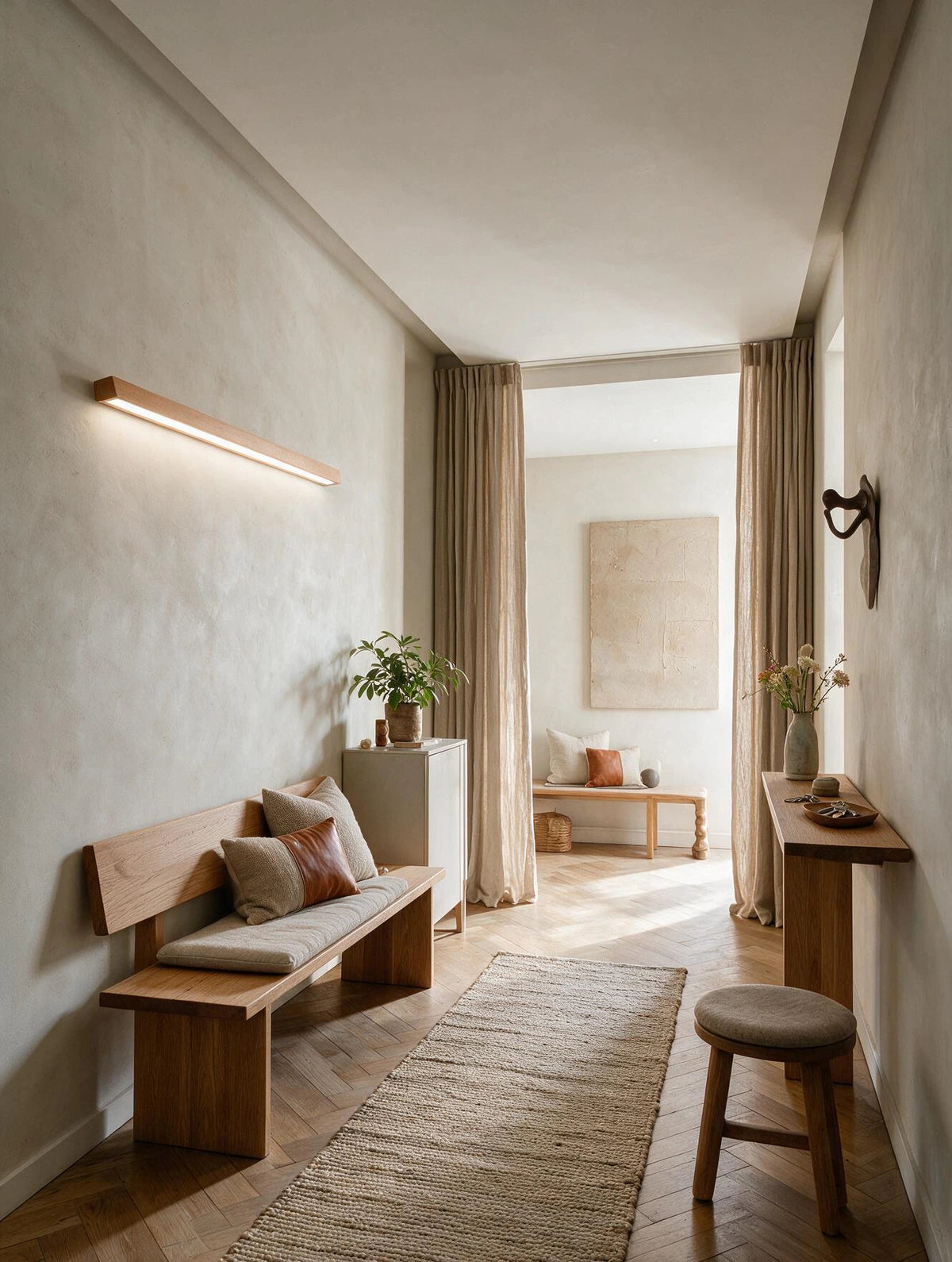 LATTE, applique murale en bois, allumée dans un couloir | Maison Beaurel