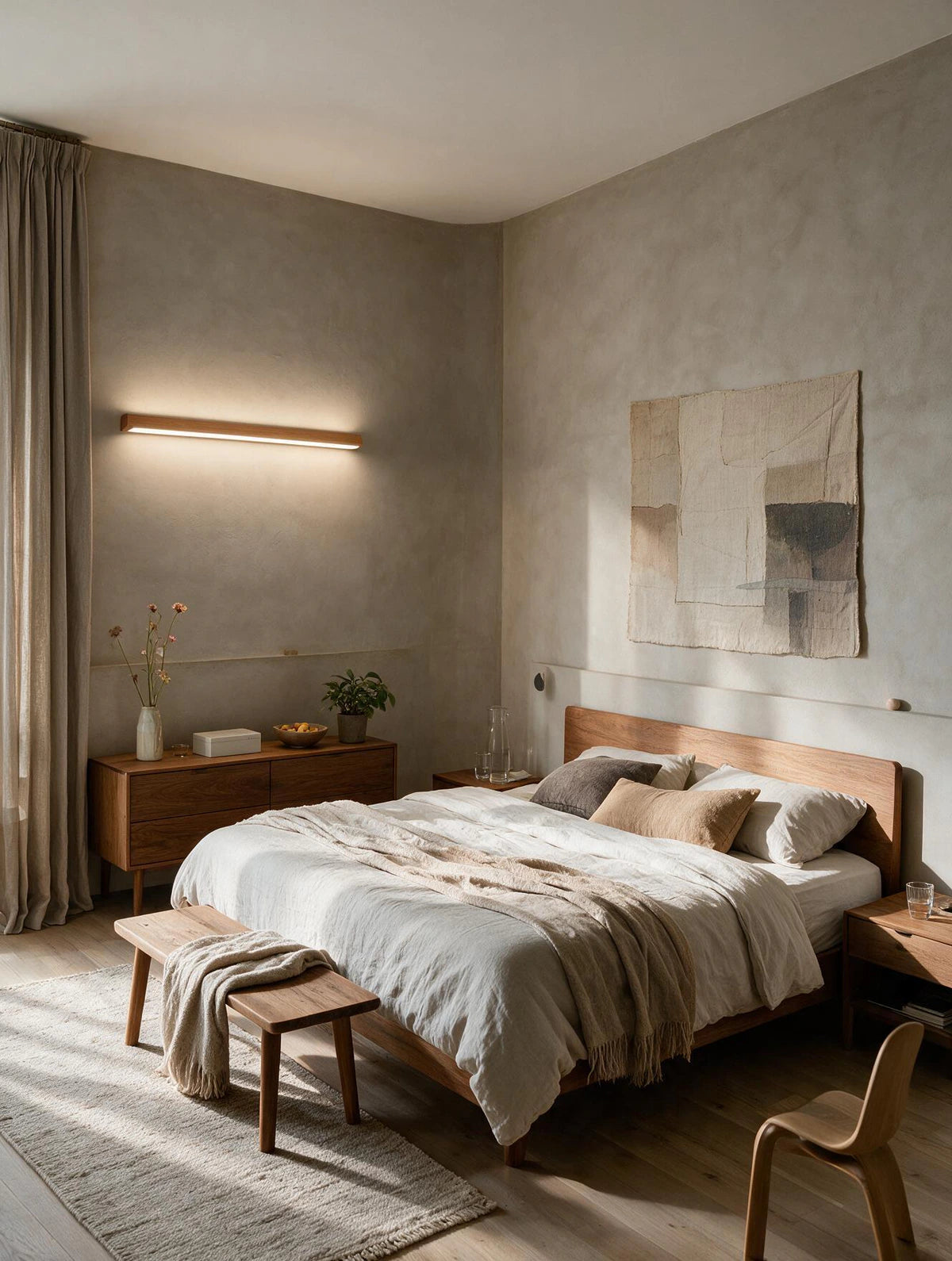 LATTE, applique murale en bois, allumée au-dessus d'un lit dans une chambre | Maison Beaurel