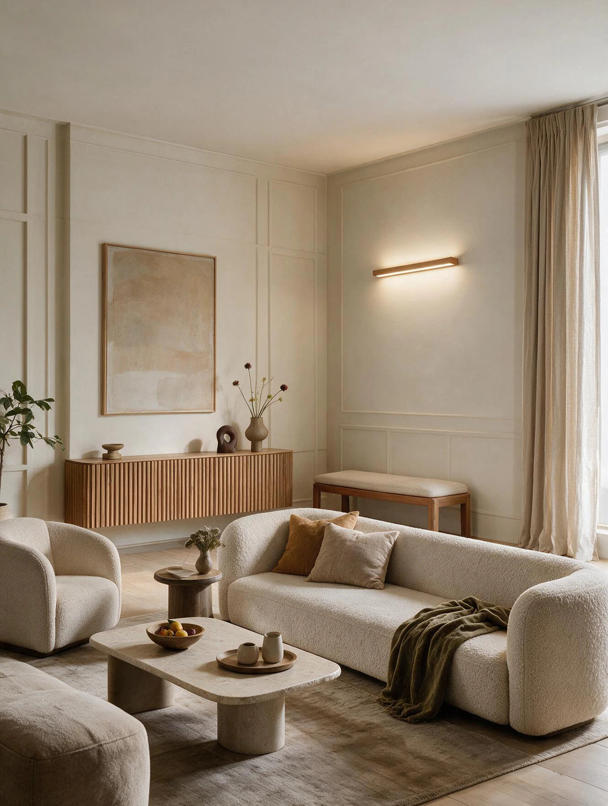 LATTE, applique murale en bois, allumée dans un salon | Maison Beaurel