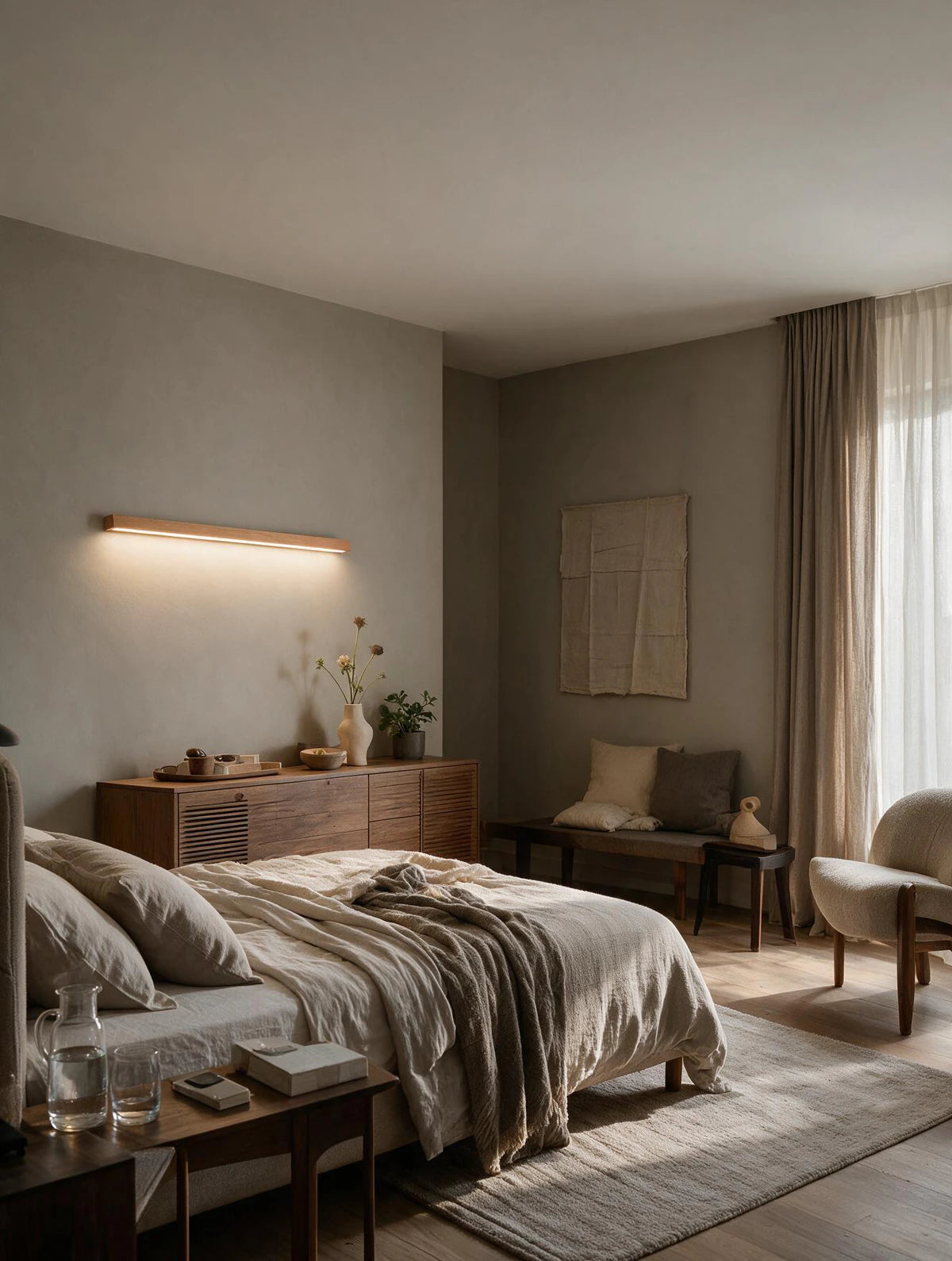 LATTE, applique murale en bois, allumée dans une chambre cosy | Maison Beaurel