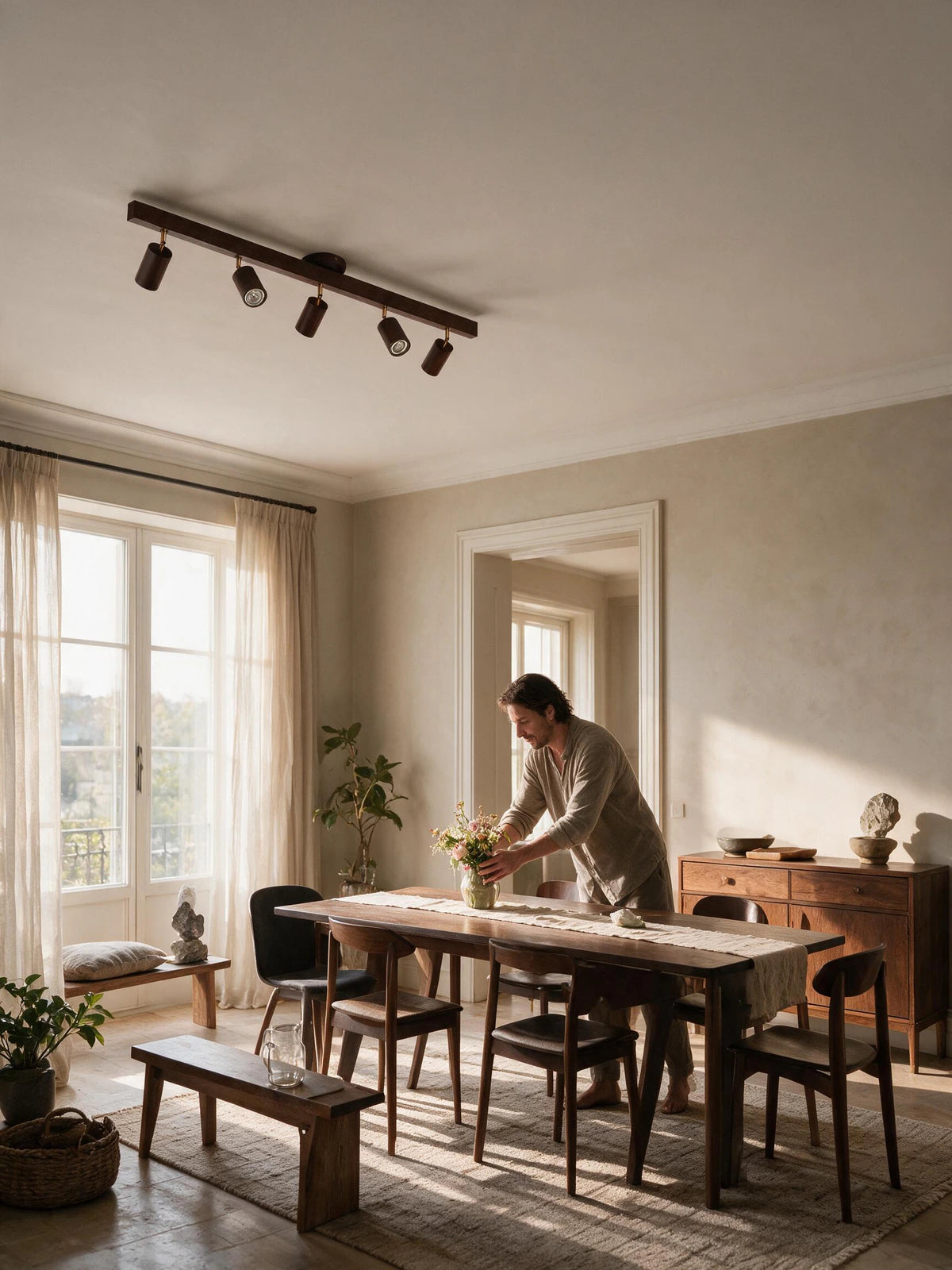 VERIL — Plafonnier spot en bois et métal, éclairé