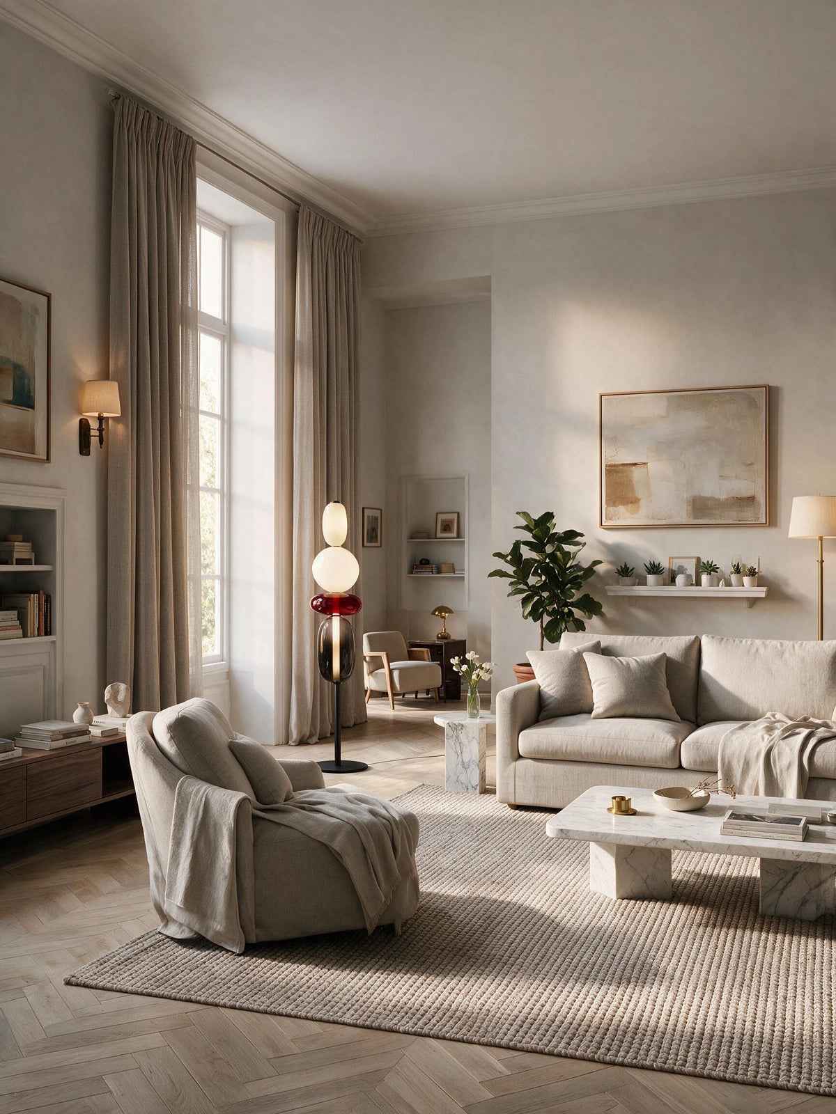 Murano, lampadaire en verre coloré dans un grand salon haussmannien | Maison Beaurel