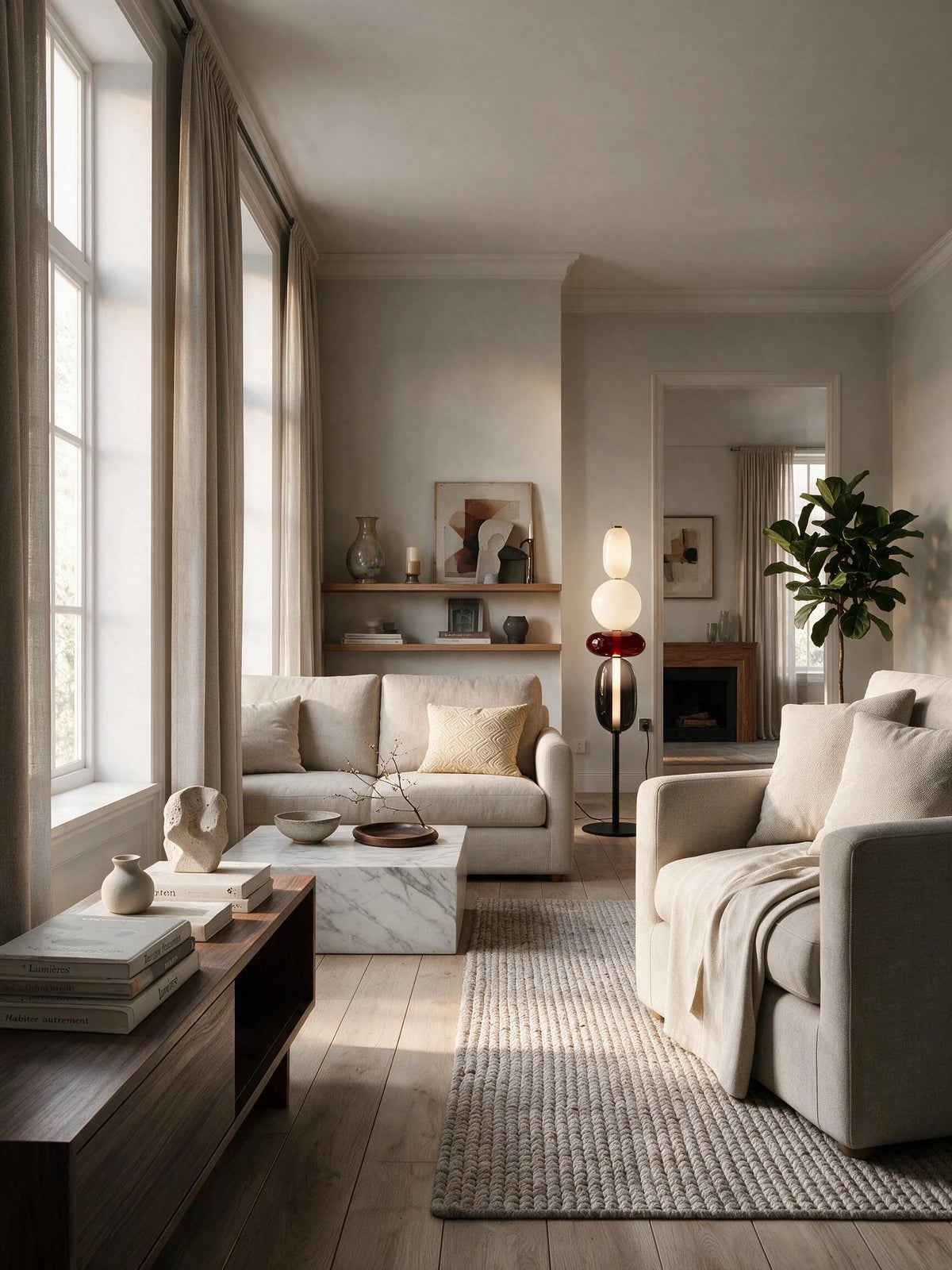 Murano, lampadaire en verre coloré dans un séjour contemporain | Maison Beaurel
