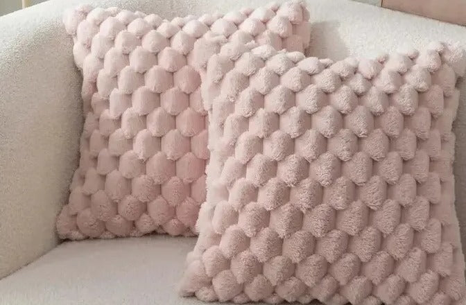 NEIGE — Deux housses de coussin en peluche douce à relief 3D, coloris Rose