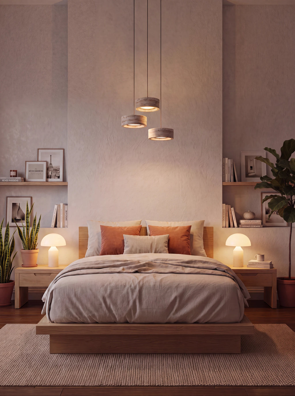 Ocre, suspensions en travertin, en trio au-dessus d'un lit | Maison Beaurel