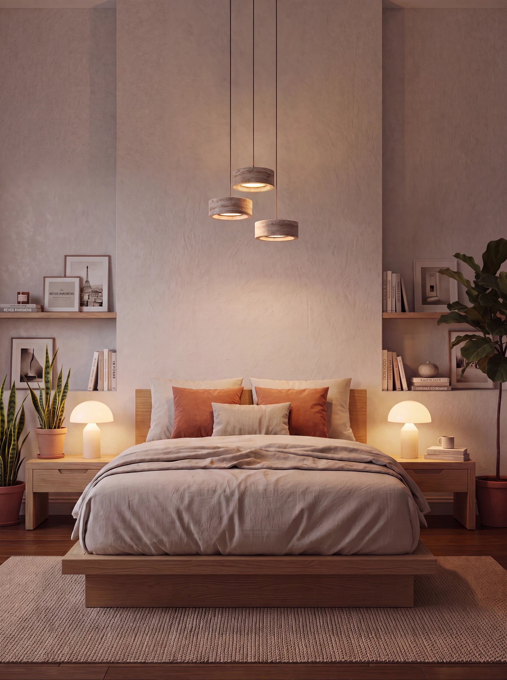 Ocre, suspensions en travertin, en trio au-dessus d'un lit | Maison Beaurel