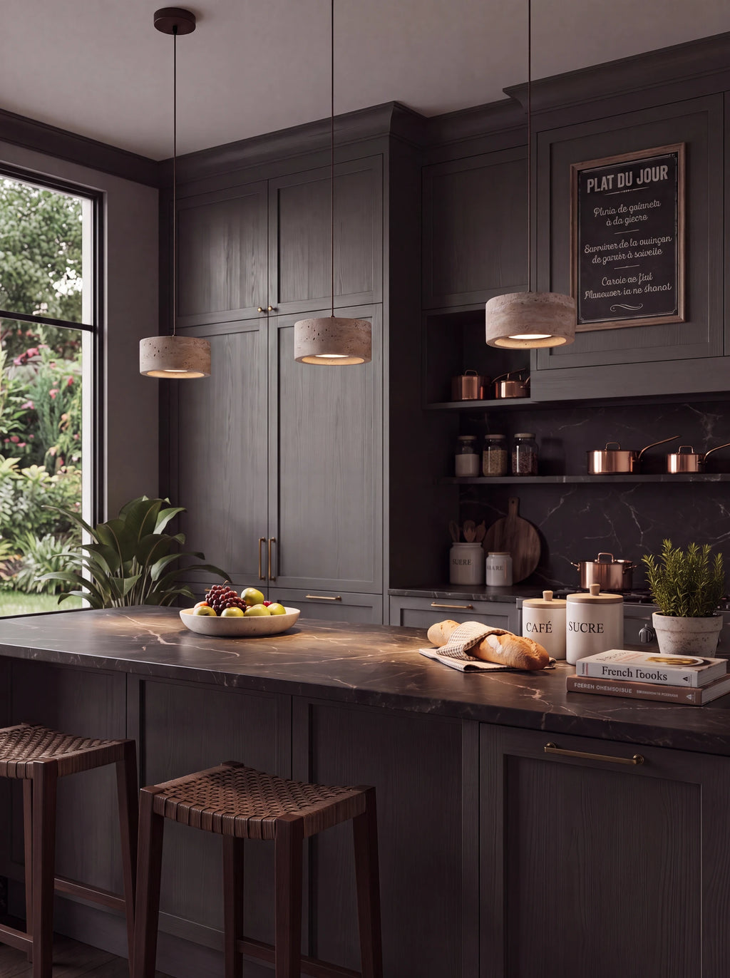 Ocre, suspensions en travertin, cuisine ouverte sur le jardin | Maison Beaurel