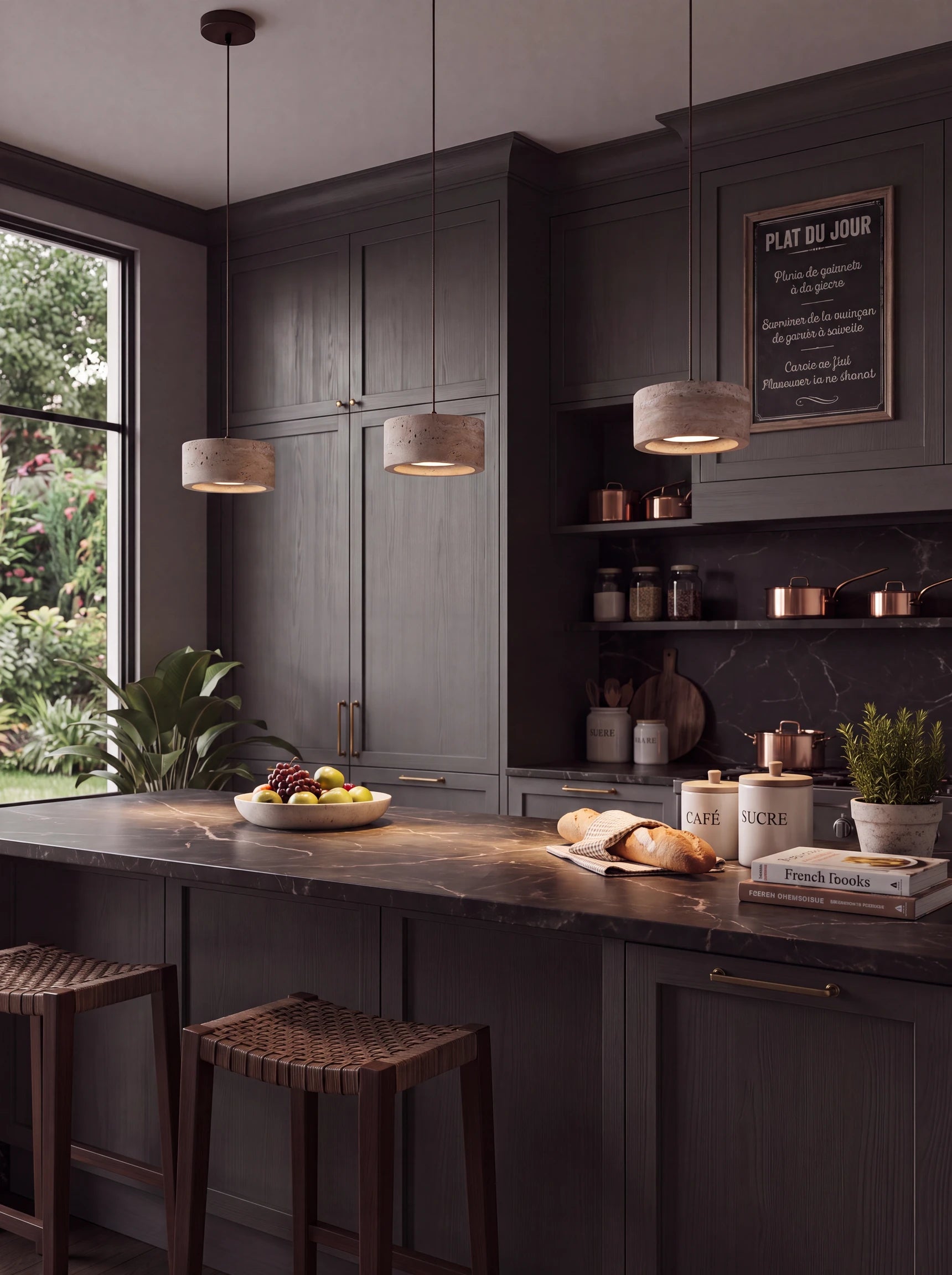 Ocre, suspensions en travertin, cuisine ouverte sur le jardin | Maison Beaurel