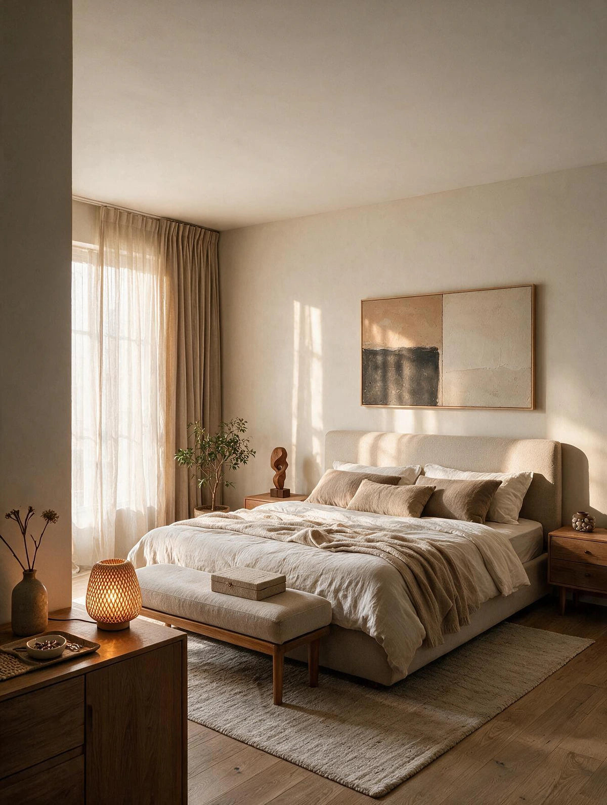 Lampe à poser en bambou tressé TAKÉ allumée sur une table de chevet, chambre lumineuse — Maison Beaurel