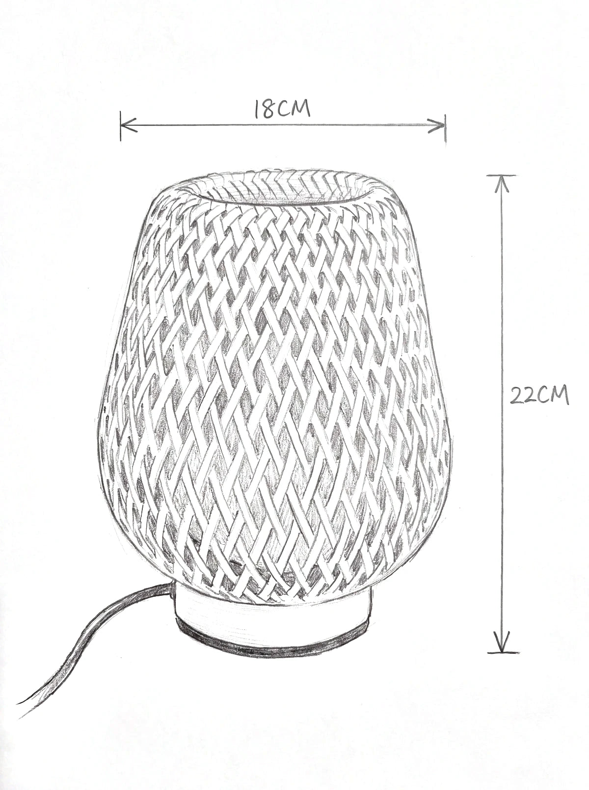 TAKÉ, lampe à poser en bambou tressé — schéma des dimensions : Ø 18 cm, hauteur 22 cm | Maison Beaurel
