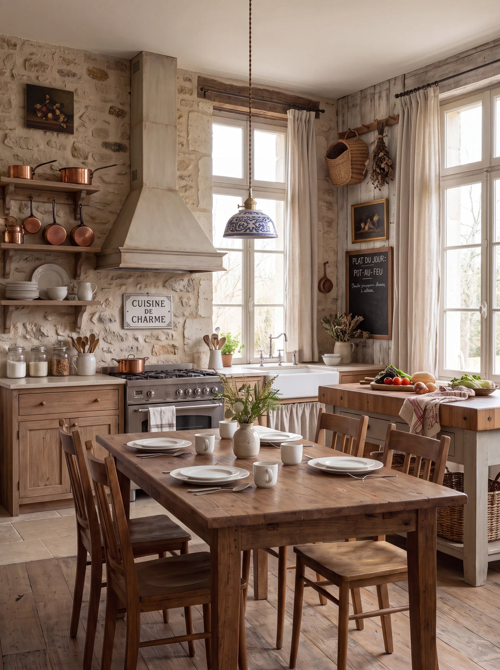 Pivoine, suspension en céramique dans une cuisine en pierre | Maison Beaurel