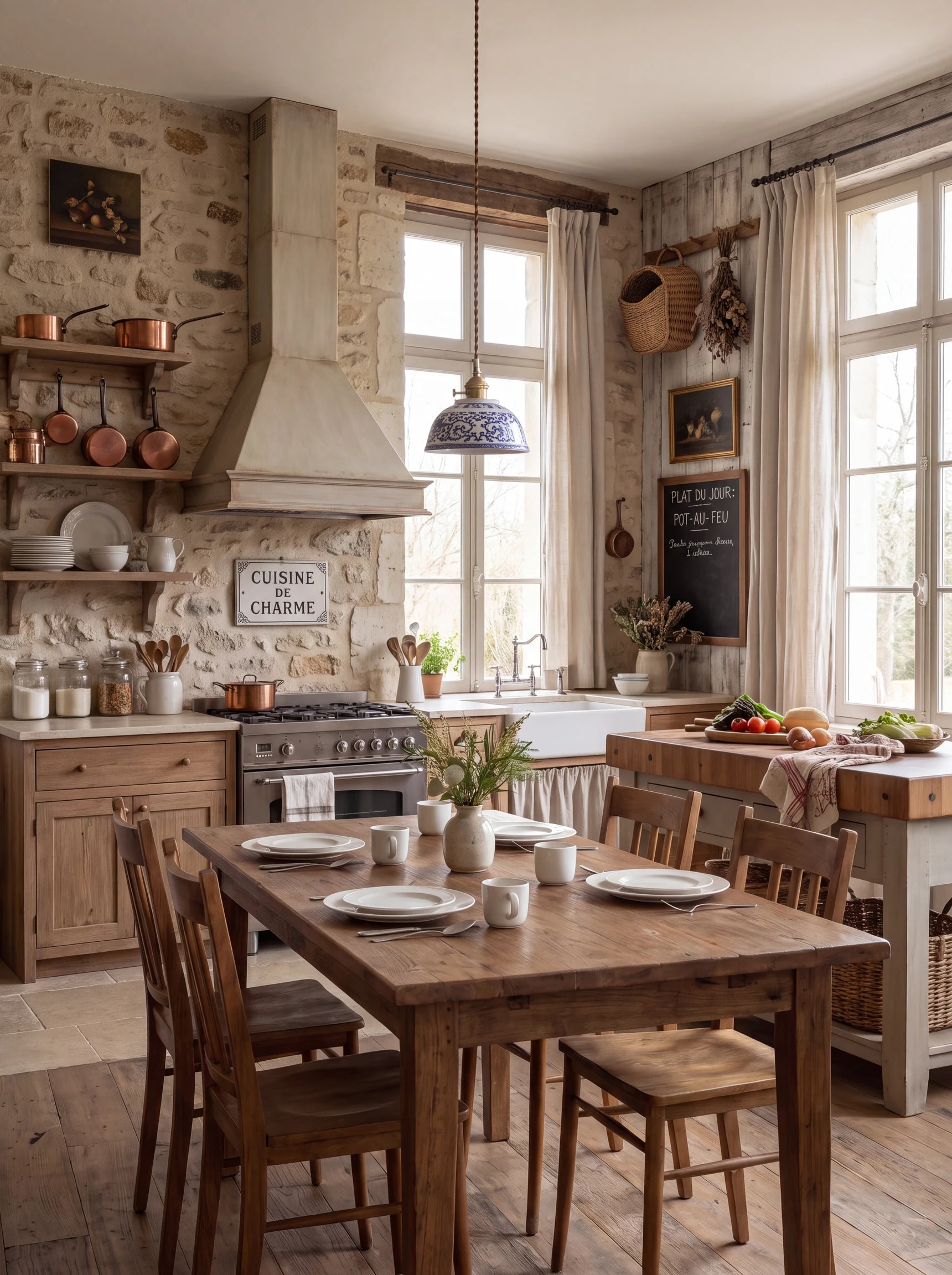 Pivoine, suspension en céramique dans une cuisine en pierre | Maison Beaurel
