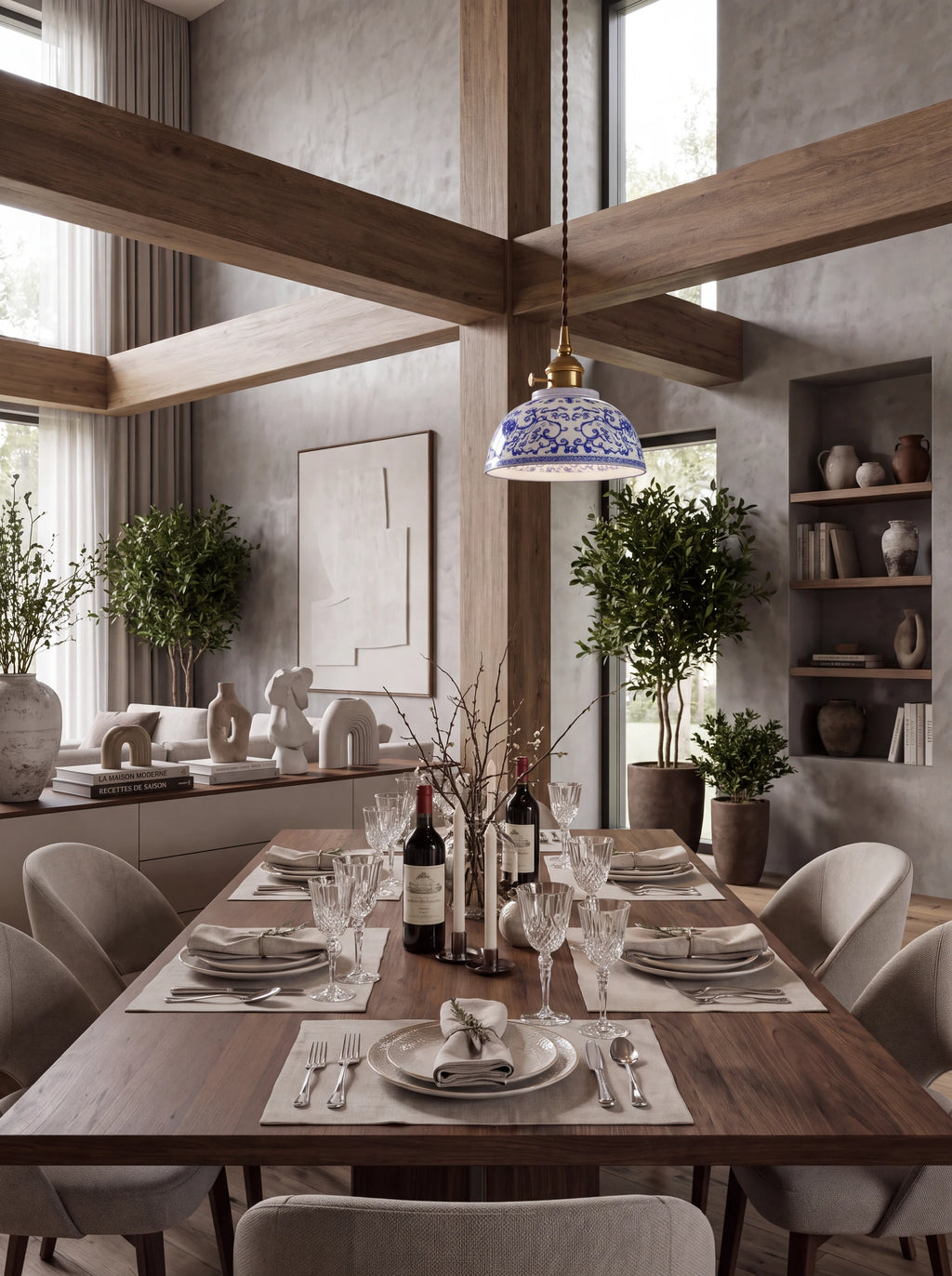 Pivoine, suspension en céramique au-dessus d'une table de salle à manger | Maison Beaurel