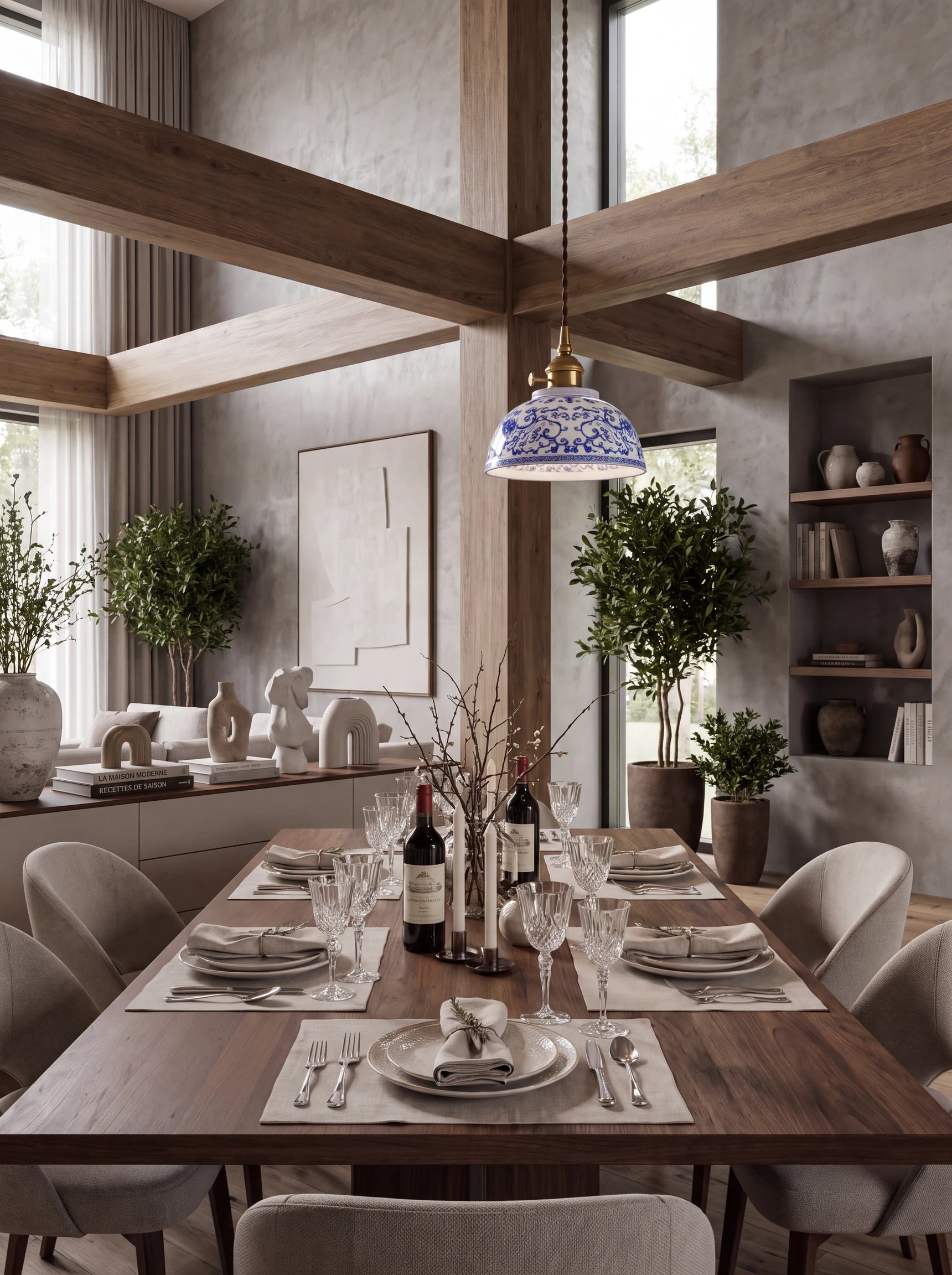 Pivoine, suspension en céramique au-dessus d'une table de salle à manger | Maison Beaurel