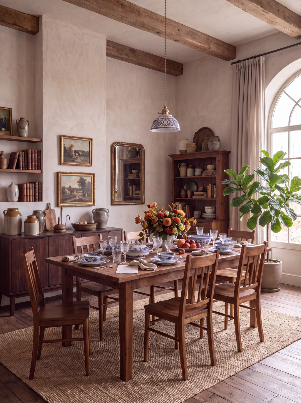 Pivoine, suspension en céramique au-dessus d'une table dressée | Maison Beaurel