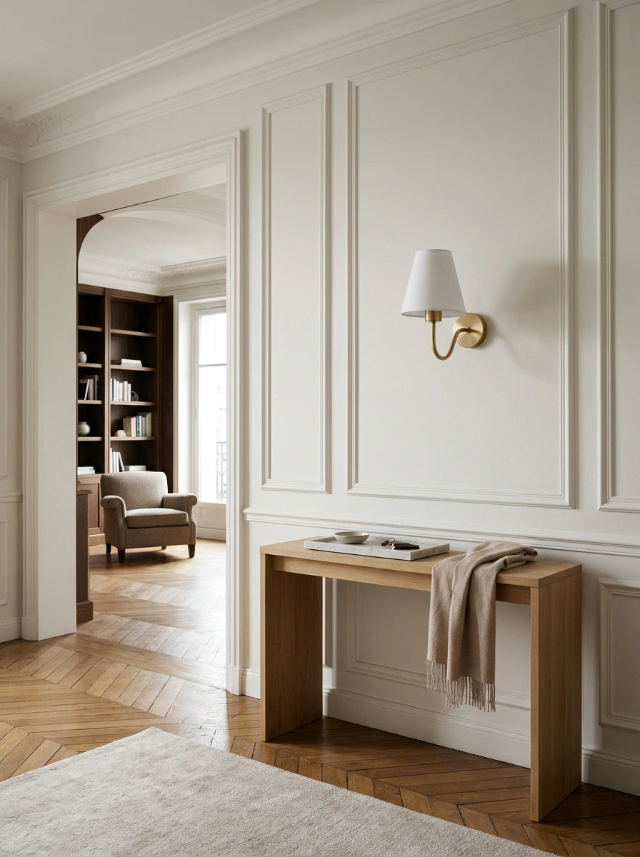LIN, applique murale en tissu doré, au-dessus d'une console d'entrée | Maison Beaurel