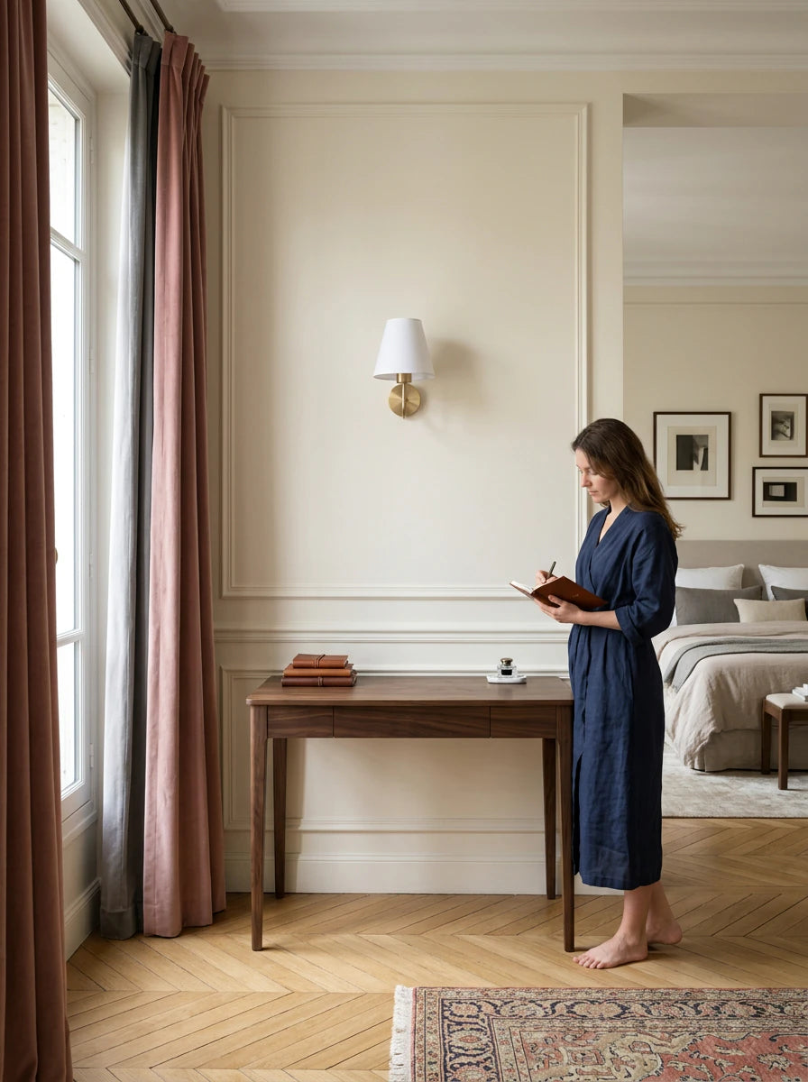LIN, applique murale en tissu doré, au-dessus d'un bureau dans une chambre | Maison Beaurel