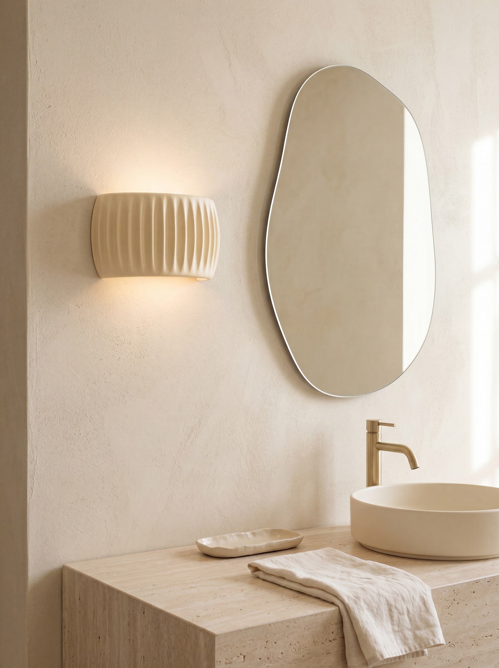 ROSACE Crème installée dans une salle de bain minérale Maison Beaurel