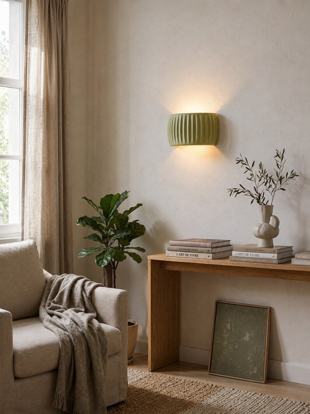 Applique murale ROSACE vert sauge allumée dans un salon au mobilier bois clair