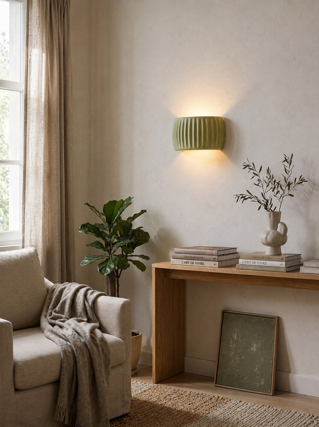 Applique murale ROSACE vert sauge allumée dans un salon au mobilier bois clair