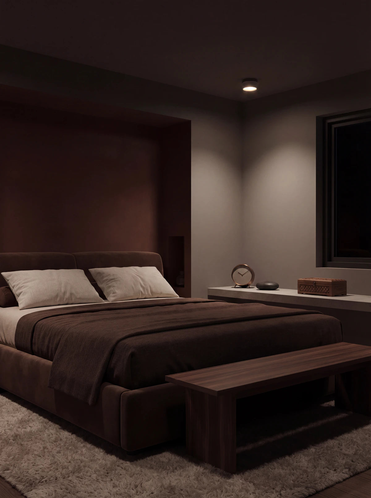 SILEX, plafonnier effet pierre — Noyer, ambiance chambre tamisée | Maison Beaurel