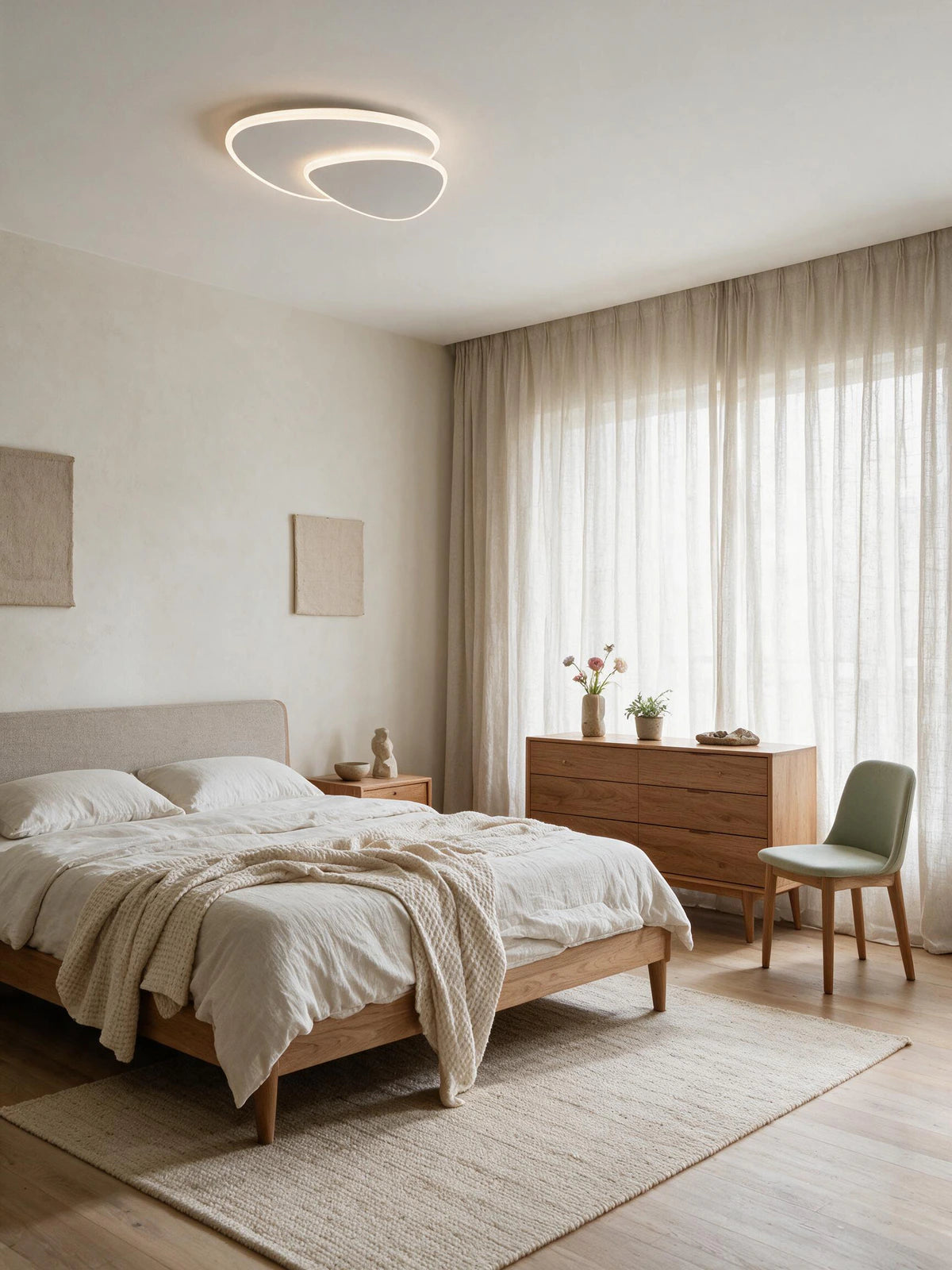 SPIRE, plafonnier LED, allumé au-dessus d'un lit dans une chambre | Maison Beaurel