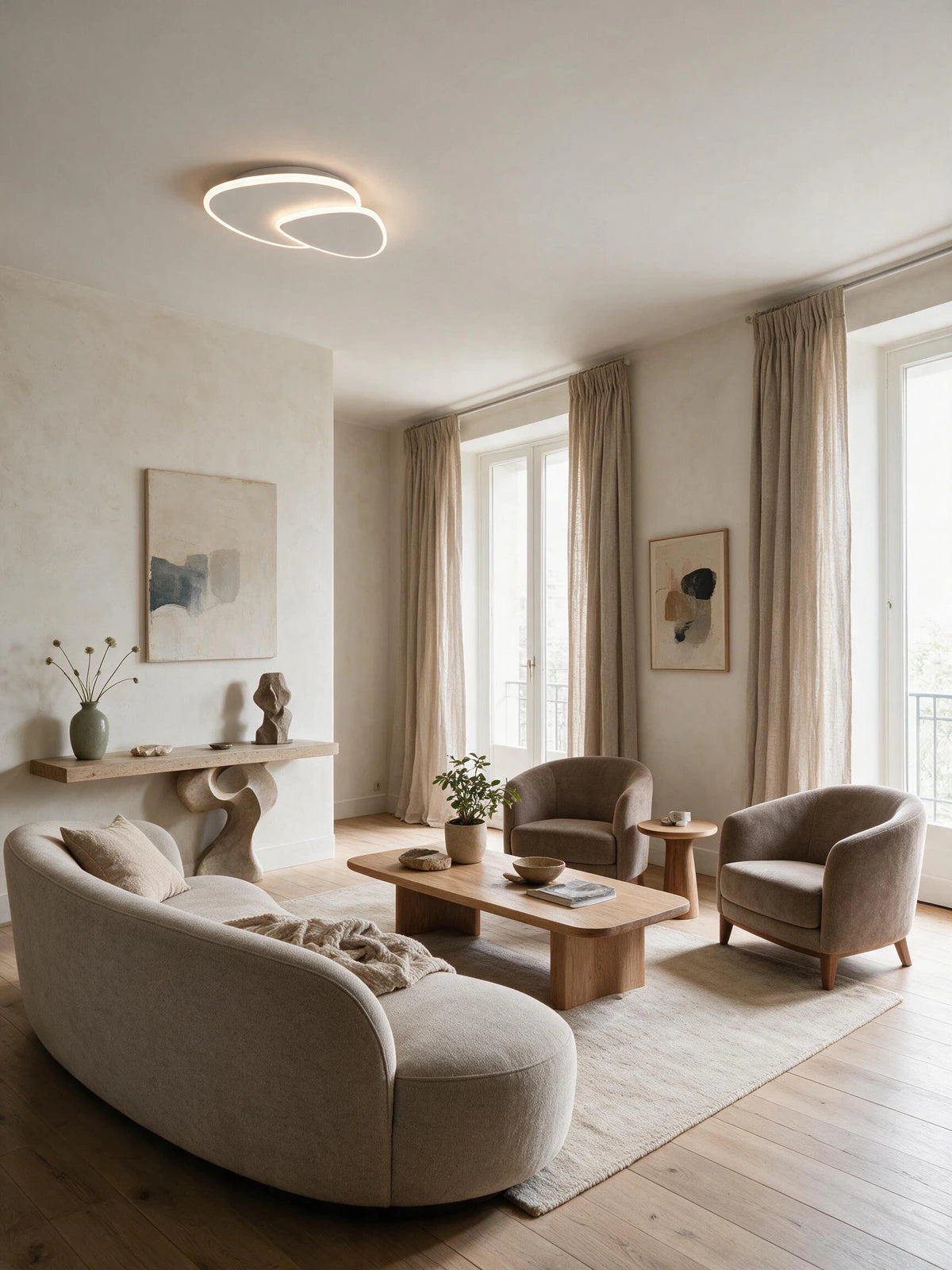SPIRE, plafonnier LED, allumé dans un salon | Maison Beaurel