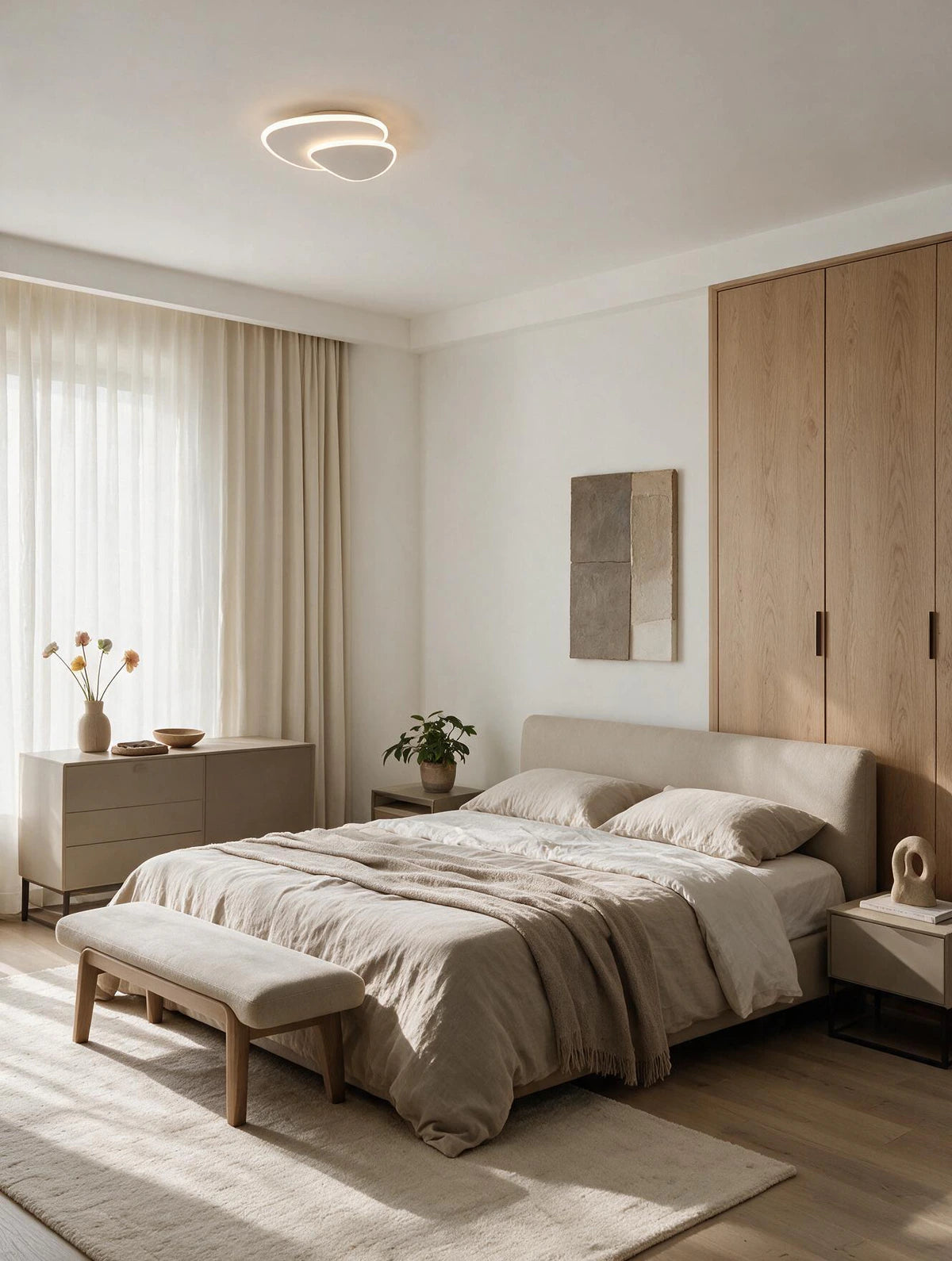 SPIRE, plafonnier LED, allumé dans une chambre cosy | Maison Beaurel