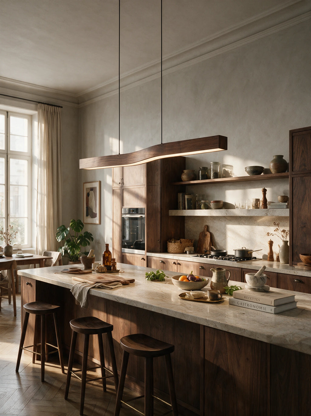 Rouvre, suspension linéaire en bois, au-dessus d'un îlot de cuisine | Maison Beaurel