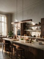 Rouvre, suspension linéaire en bois, au-dessus d'un îlot de cuisine | Maison Beaurel