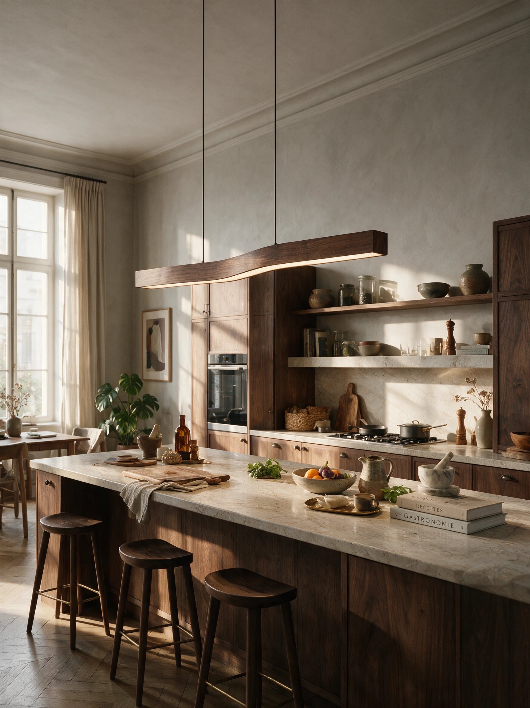 Rouvre, suspension linéaire en bois, au-dessus d'un îlot de cuisine | Maison Beaurel